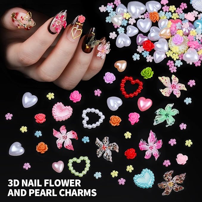 FANDAMEI Nail Charms and Gems, 24 Grids Nail Art Kit for Design, Y2K 3D Charms Rhinestone, Gold Metallic Nail Gems, Flatback AB Nail Rhinestones Gold Nail Pearls, 3D Fruits Flowers Nail Jewels