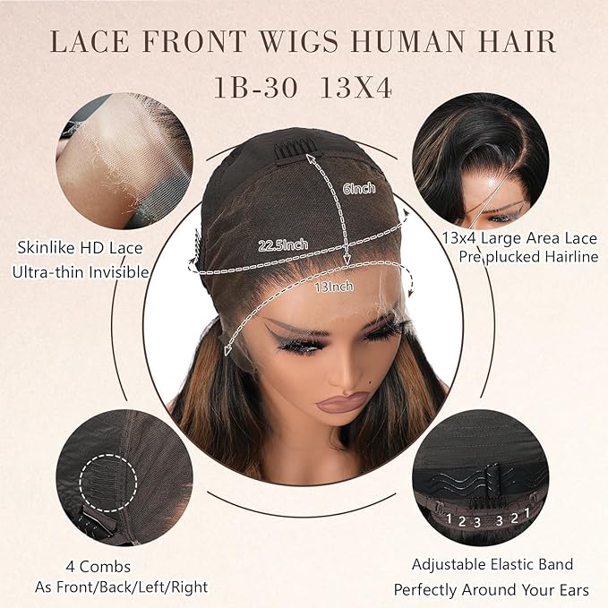 Highlight Ombre 13x4 Full Frontal Skinlike HD Lace Wig 0.10mm Ultra-thin Invisible Body Wave Lace Front Wigs Human Hair Pre plucked 200% Density 1B/30 Balayage Wigs for Women 26 inch