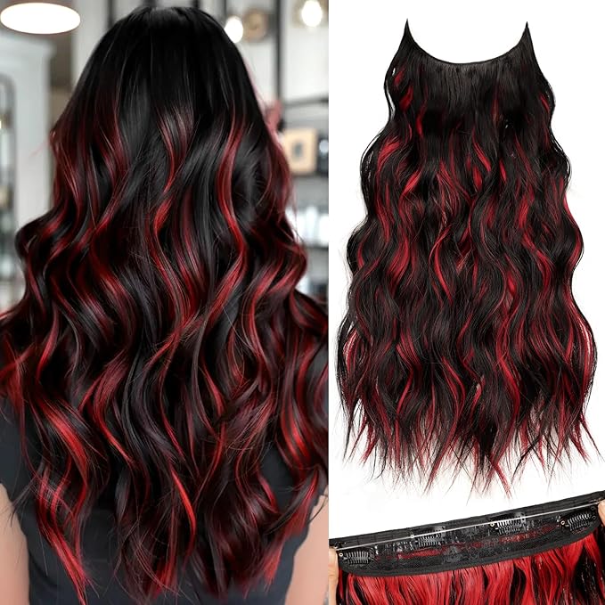 KooKaStyle Invisible Wire Hair Extensions with Transparent Headband Adjustable Size 4 Secure Clips Long Wavy Highlight Hairpiece 20 Inch Black and Red Streaks for Women
