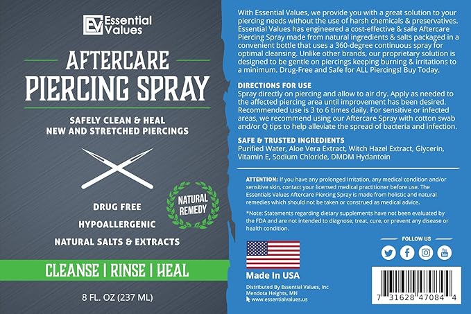Essential Values Piercing Aftercare Spray (8 OZ Per Bottle) - Natural & Gentle on Contact - Made in USA
