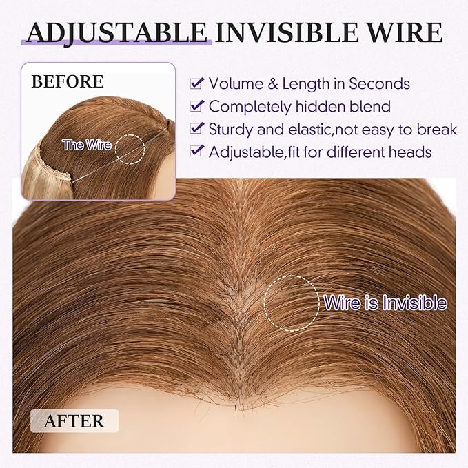 Halo Hair Extensions Real Human Hair,Halo Hair Extension 100% Human Hair,Wire Hair Extensions,Wavy 18P613 Gold Blonde Mixed Bleach Blonde 70g/20inch