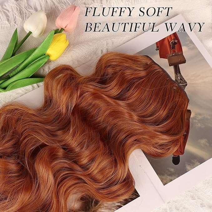 NAYOO Clip in Hair Extensions for Women 20 Inch Long Wavy Curly Copper Red Hairpieces Full Head Synthetic Hair Hairpieces(6PCS,Copper Red)