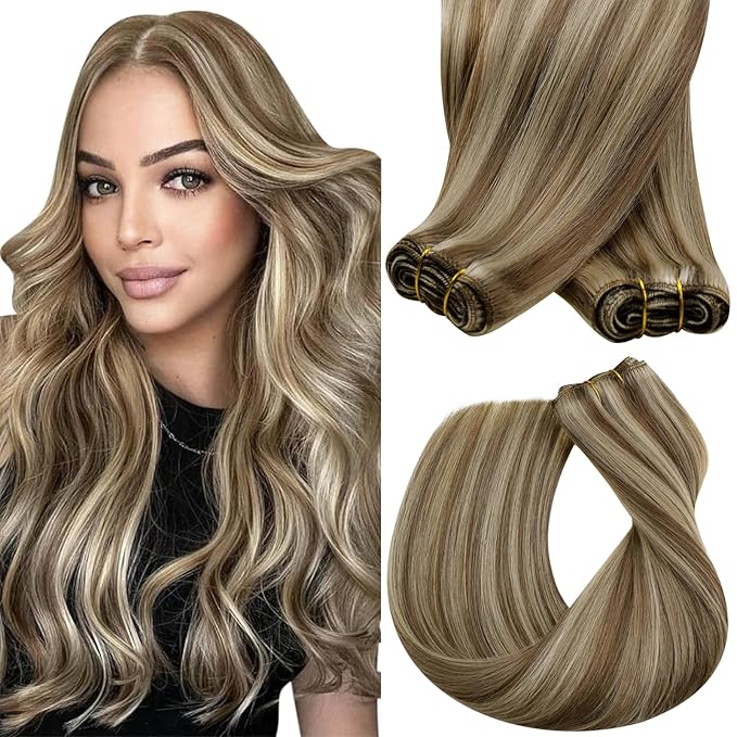 Sunny Hair 135g Sew in Hair Extensions 24inch Highlights Hair Extensions Weft Human Hair Extension Sew in Light Brown Highlights Blonde Remy Straight Hair for Women