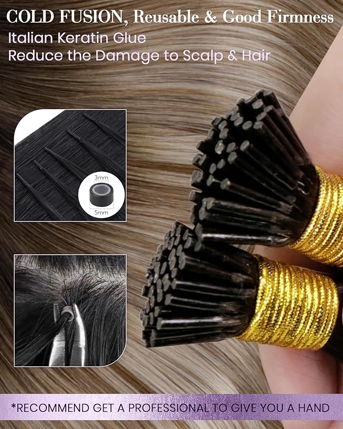 LaaVoo Itip Human Hair Extensions I Tips Hair Extensions Human Hair Balayage Dark Brown Ombre Light Brown to Ash Brown 50g 16in 60s