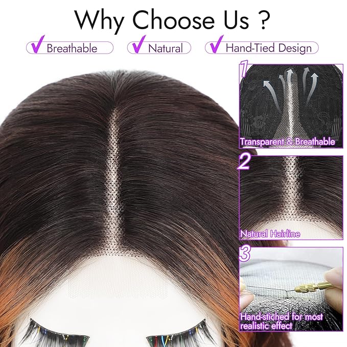 Brown Highlight Short Wavy Wig for Women Lace Hairline Bob Style Synthetic Heat Resistant - Natural Appearance for Everyday Hairstyle 18 Inch