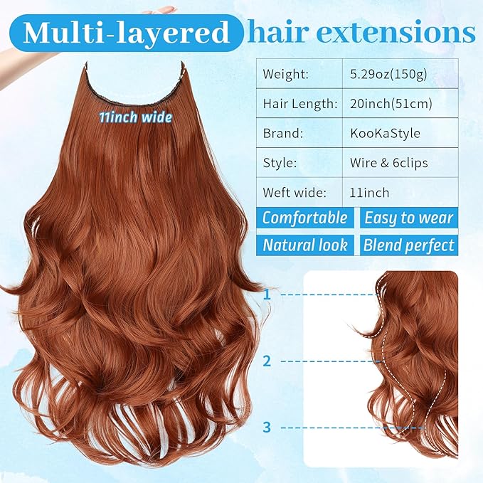 KooKaStyle Invisible Wire Hair Extensions Long Wavy Layered Synthetic Hair Extensions with Transparent Wire Adjustable Size 6 Secure Clips Auburn Hairpieces for Women 20 Inch