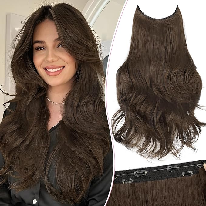 Invisible Wire Hair Extensions with Transparent Wire Adjustable Size 4 Secure Clips Long Wavy Secret Hairpiece 20 Inch for Women(Medium Brown)