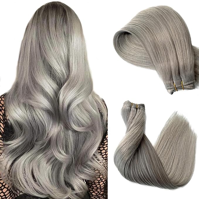 Gray Hair Weft Sew in Hair Extensions Human Hair. 24 Inch 120G Hand Tied Hair Extensions Real Human Hair Weft Grey Bundles Natural Straight Double Weft Weave Remy Human Hair Sew in Weft Extensions