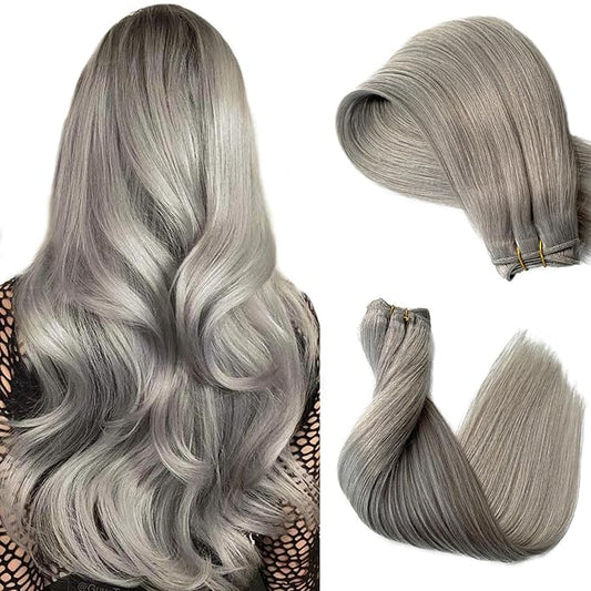 Gray Hair Weft Sew in Hair Extensions Human Hair. 24 Inch 120G Hand Tied Hair Extensions Real Human Hair Weft Grey Bundles Natural Straight Double Weft Weave Remy Human Hair Sew in Weft Extensions