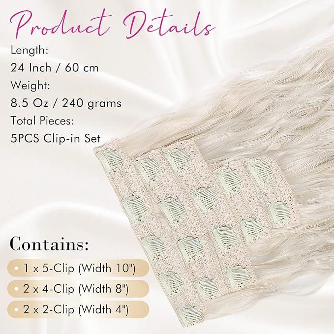 Hair Extensions, REECHO Blonde Clip in Hair Extensions 24" Thick Long Loose Waves hair extensions HE002 Invisible Lace Weft Natural Soft Hairpieces for Women – Platinum Blonde