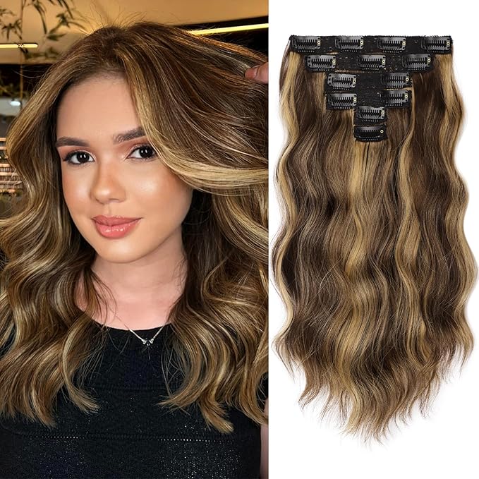 KooKaStyle Short Hair Extensions 6PCS 14 Inch Wavy Curly Hairpieces Synthetic Soft Lace Weft Clip in Hair Extensions-Balayage Chocolate Brown to Caramel Blonde for Women