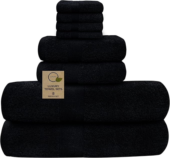 Luxury 8 Piece Towel Set, 2 Bath Towels 2 Hand Towels 4 Washcloths, Towels for Bathroom, Home, Spa & Gym - Highly Absorbent Ultra Soft Quick-Dry (Black)