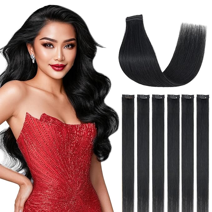 Clip in Hair Extensions Real Human Hair for Women, 22 Inch 47g 6pcs, Jet Black, Straight - Highlight, Add Volume and Length for Daily Wear, Parties, Weddings