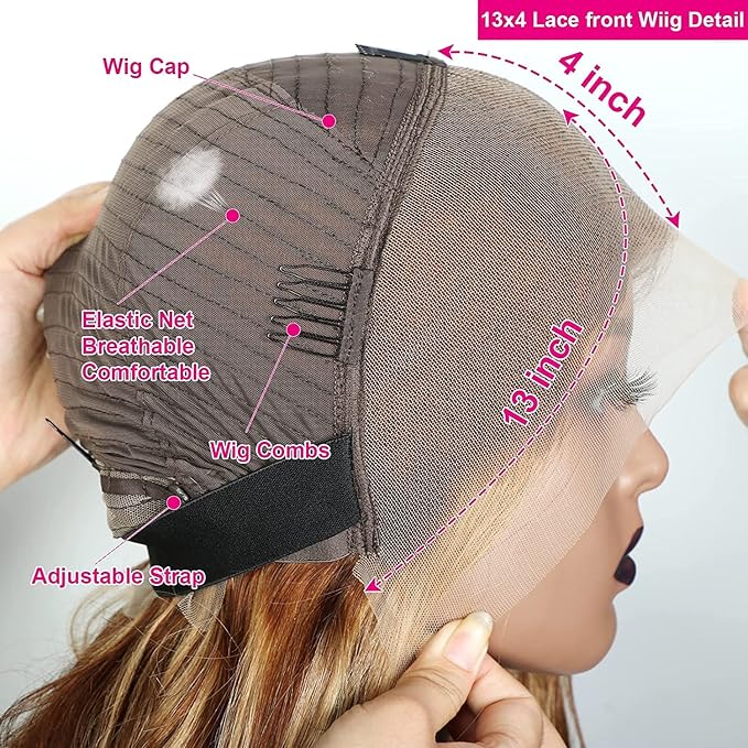 13x4 Highlight Lace Front Wigs Human Hair 4/27 Honey Blonde Lace Front Wig Human Hair 200% Density HD Transparent Ombre Lace Frontal Wigs Pre Plucked(24inch,4/27 13X4)