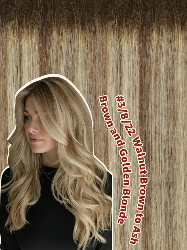 Clip in Hair Extensions Real Human Hair Double Weft Balayage Color Walnut Brown To Ash Brown And Golden Blonde,Clip in Hair Extensions,16 Inch 100g,6pcs Per Set With 18 Clips（#3/8/22,16")