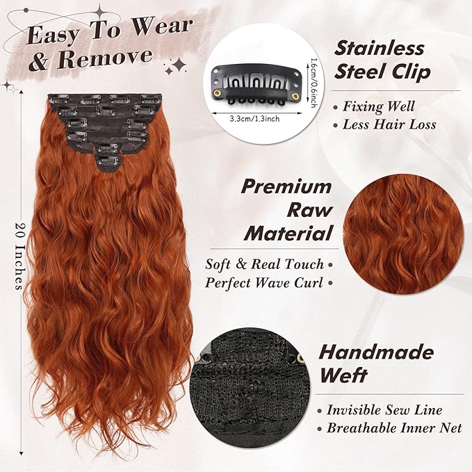 BARSDAR Copper Red Hair Extensions - 20 Inch Wavy Clip in for Women - 6PCs Full Head Thick Soft Synthetic Hairpieces for Daily Party Halloween