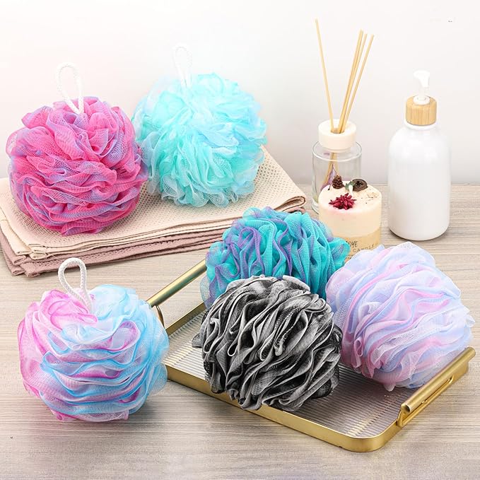 BTYMS XXL Large Loofah Bath Sponge 100g/pc, 6Pcs Exfoliating Mesh Pouf Bath Scrunchies Shower Puffs for Men and Women