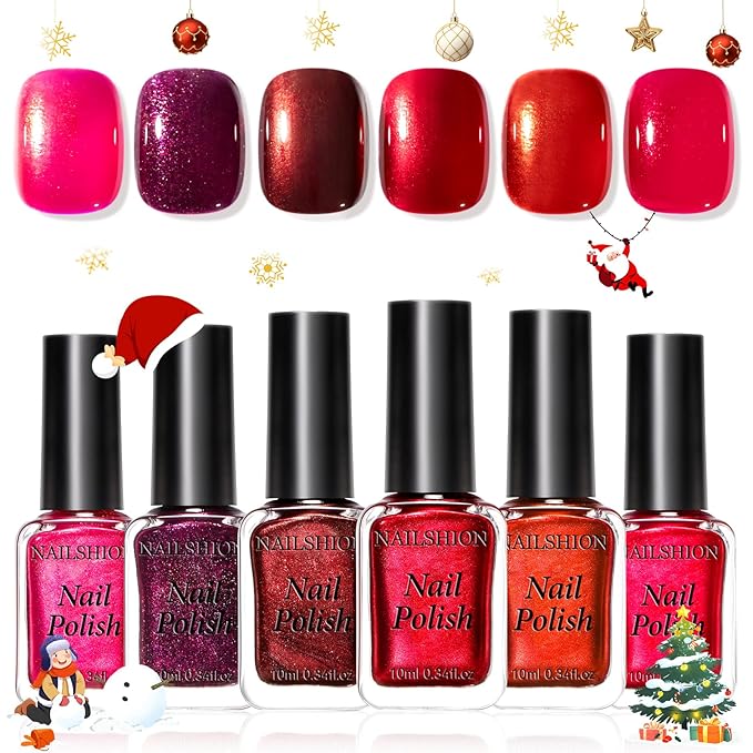 Red Nail Polish Set, Christmas Stocking Stuffers, 6 Colors Red Cherry Dark Red Wine Nail Polish Kit, Opaque,Hema-free Quick Dry, Non Gel, Home DIY Nails Art Gift for Women Girls