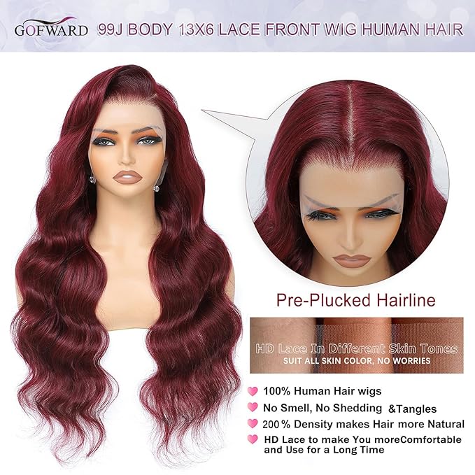 36 Inch 99j Burgundy 13x6 Body Wave Lace Front Wigs Human Hair 200% Density Glueless HD Transparent Lace Frontal Wigs Human Hair Pre Plucked With Baby Hair Burgundy Wine Red Wigs For Women