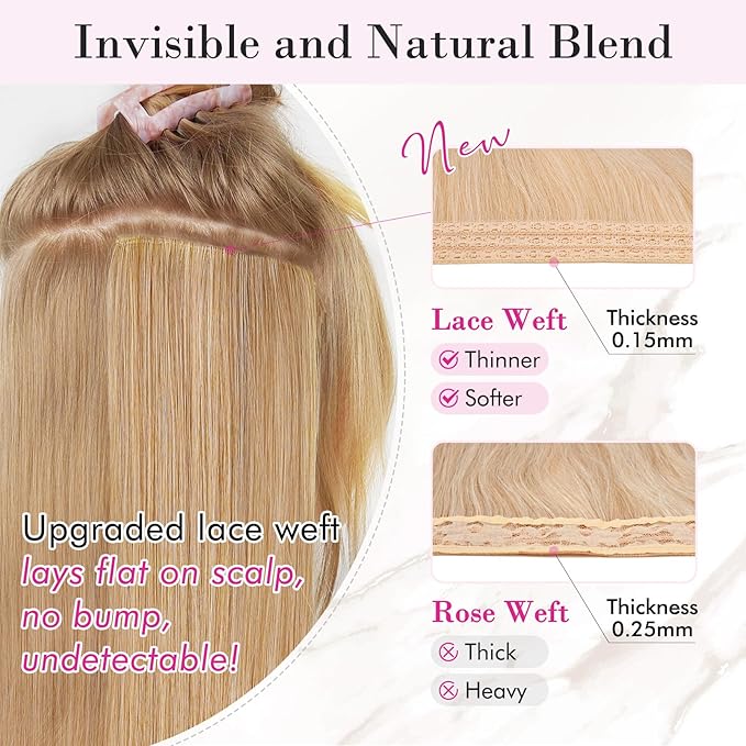 REECHO Clip in Hair Extensions, 4PCS Hair Extensions 24" Thick Long Beach Waves hair extensions HE003 Invisible Lace Weft – Medium Blonde with Blonde Highlights