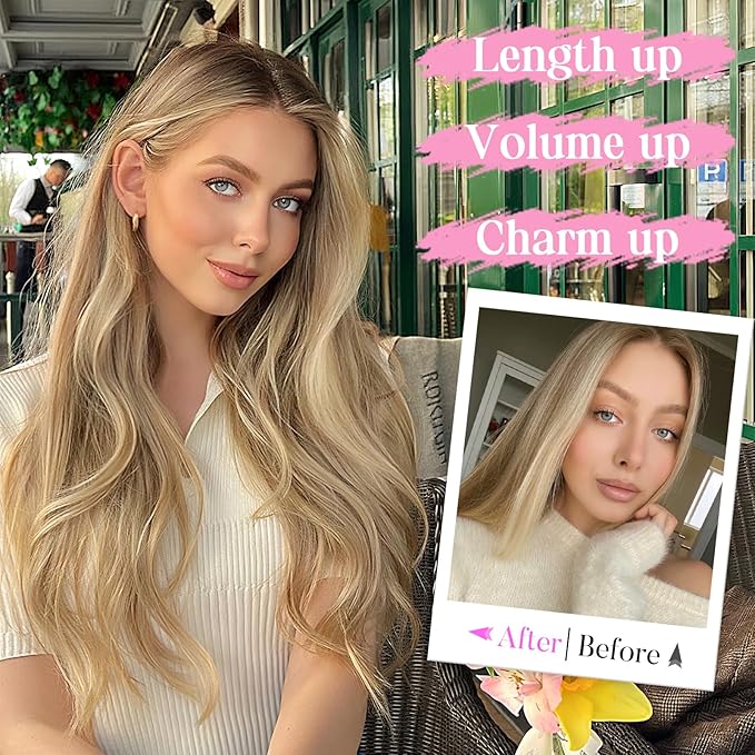 Invisible Wire Hair Extensions with Transparent Wire Adjustable Size 4 Secure Clips Long Wavy Secret Hairpiece 20 Inch for Women(Light Brown mix Golden Blonde)