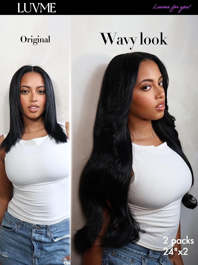 LUVME Body Wave Seamless 2 Pack 220g 14Pcs Clip in Hair Extensions Full Max with 20inch Remy Human Hair Extensions, Natural Black 100% Real Soft Hair