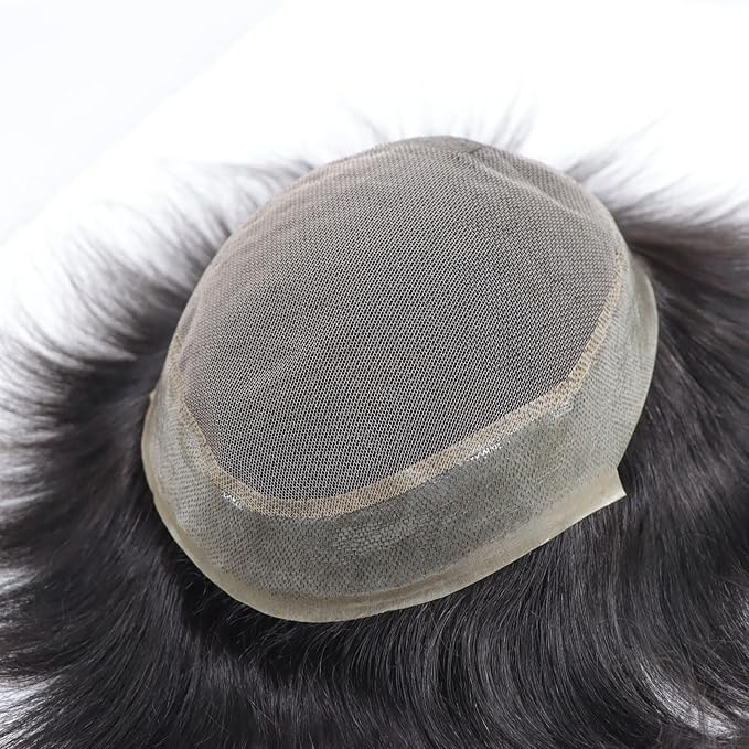 6x8 7x9 Hair Men’s Toupee Mono Lace PU Hairpiece Replacement Capillary Prosthesis System 100% Human Hair Breathable Durable Males Wig Natural Black (Q6, 7X9)