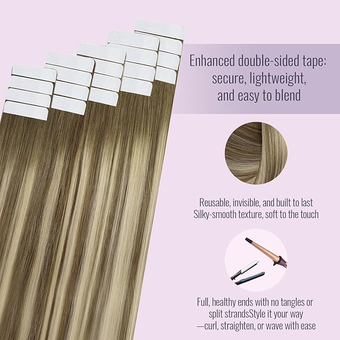Fshine Tape in Remy Hair Extensions 18 Inch Chestnut Brown to Platinum Blonde and Brown Human Hair Extensions 50 g Invisible Ombre Tape in for Women 20 pcs,Designed to Boost Volume & Length