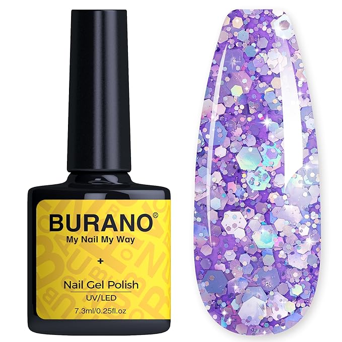 BURANO Glitter Gel Nail Polish, LED UV Nail Gel Shimmer Holographic Effect Soak off Curing Required, No Chip Polish Sparkle Home DIY Nail Salon (Purple LP21)