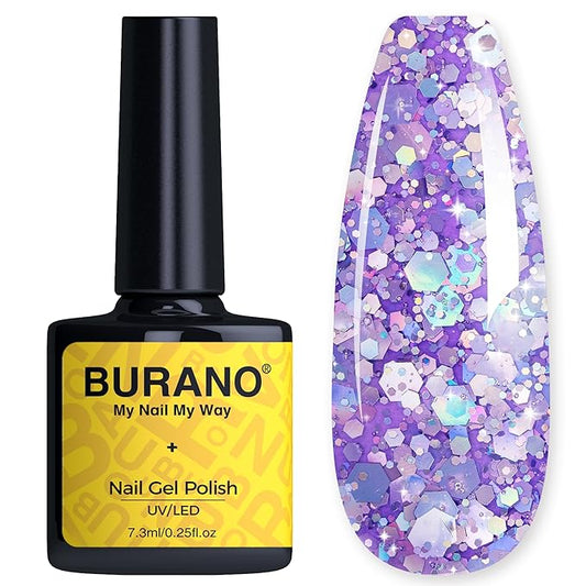BURANO Glitter Gel Nail Polish, LED UV Nail Gel Shimmer Holographic Effect Soak off Curing Required, No Chip Polish Sparkle Home DIY Nail Salon (Purple LP21)