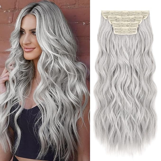 REECHO Hair Extensions, 4PCS Clip in Hair Extensions HE001 Natural Soft Synthetic Hairpieces for Women (20 Inch-200 Gram (Pack of 4), Grey)