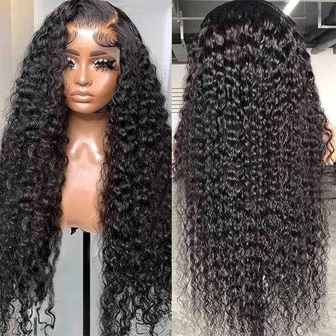 13x6 Deep Wave Lace Front Wigs Human Hair HD Full Lace Frontal Wigs Pre Plucked Bleached Knots 180% Density Deep Curly Human Hair Wig Natural Color 26Inch