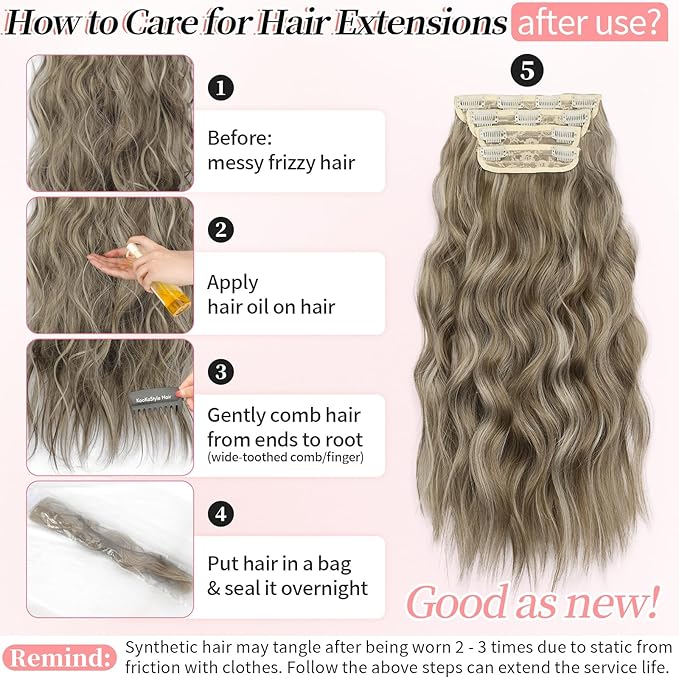 KooKaStyle Clip in Synthetic Hair Extensions Long Wavy 4PCS Thick Hairpieces Ash Brown mix Light Blonde Fiber Double Weft Natural Hair Extensions 20 Inch for Women