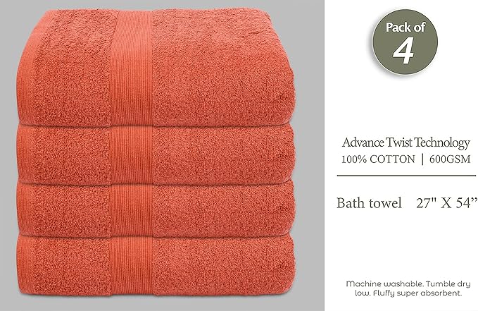 Softolle Luxury Bath Towels Set of 4 (27” x 54”) | Towels for Bathroom | Super Soft | Highly Absorbent Towels for Home, Spa, Gym (Coral)