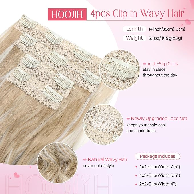 HOOJIH Hair Extensions, Clip in on Hair Extensions 4PCS Hair Extension 14" Short Curly Hair Extensions Invisible Lace Weft Natural Soft Hairpieces for Women - Light Golden Blonde with White Blonde