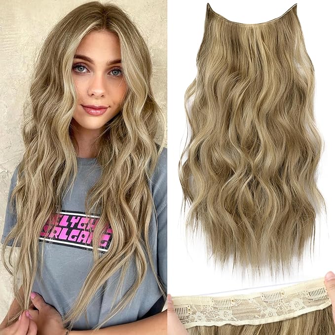 KooKaStyle Invisible Wire Hair Extensions with Transparent Headband Adjustable Size 4 Secure Clips Long Wavy Secret Wire Hairpiece for Women (20 Inch, Light Brown mix Golden Blonde)