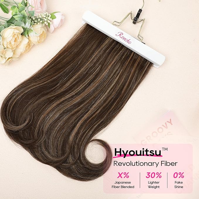 REECHO Clip in Hair Extensions - 4PCS Lace Weft 14" Short Wavy Invisible Clip Ins, Natural Soft Hairpieces for Women, Dark Brown With Highlights