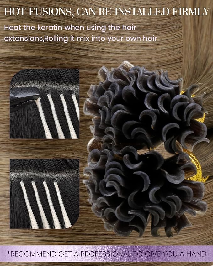 LaaVoo U Tip Hair Extensions Human Hair Balayage Brown K Tip Hair Extensions Real Human Hair Light Brown Mix Golden Brown 16 Inch 50g 50s