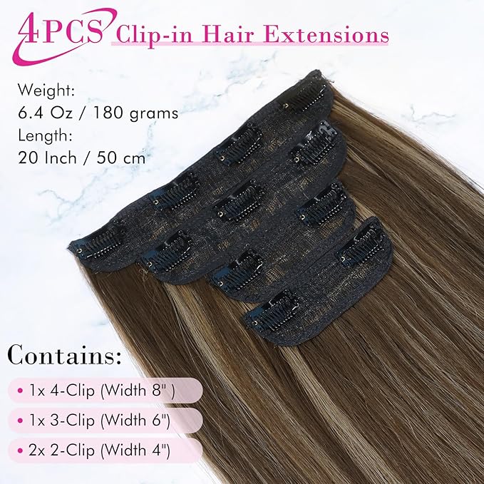 REECHO 20" Straight Long 4 PCS Set Thick Clip in on Hair Extensions Chocolate Brown with Highlights