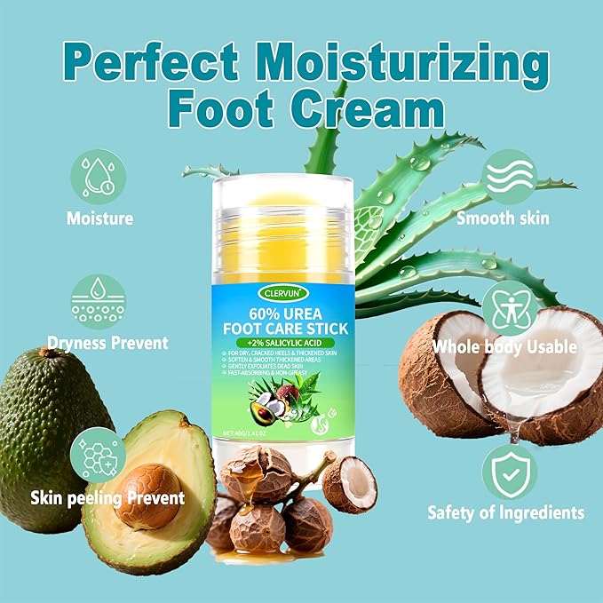 60% Urea Cream Stick with 2% Salicylic Acid, Anti-Cracking Foot & Hand Cream Moisturizer for Dry Cracked Heel Feet, Knee, Elbow, Foot Balm Stick for Callus Remover & Dead Skin Softener (2)
