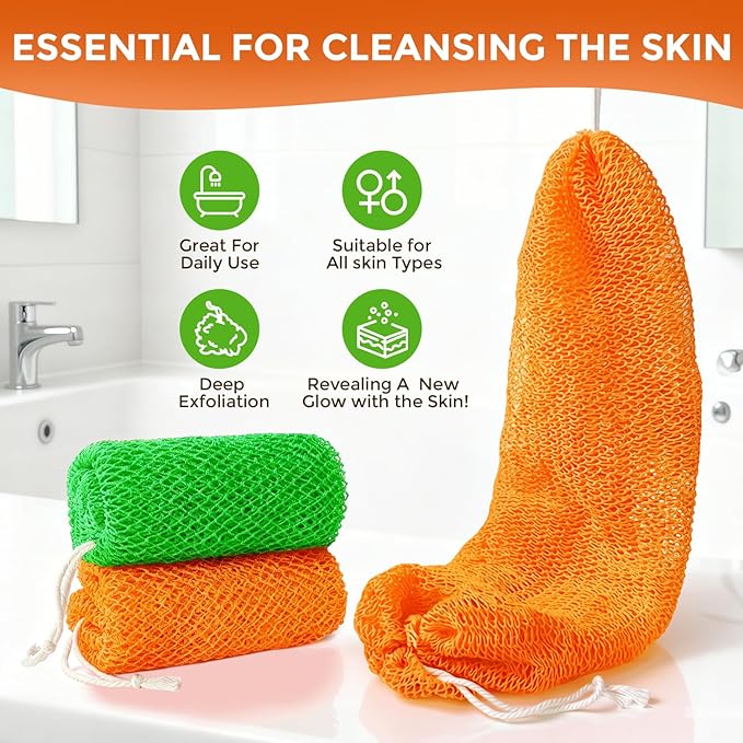 2 Pieces African Net Sponge Authentic, Durable Back Scrubber Washcloth for Shower, Exfoliating Net Sponge for All Skin, Bathing Accessories for Women (Orange and Green)