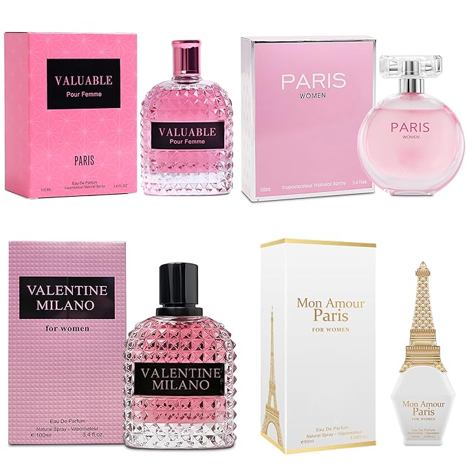 4PCS Perfume Set for Women - Floral Fragrance Gift Set with Vanilla,Sweet Fruity, Eau De Parfume| 3.4 Fl Oz Each Women's Cologne(Valentine Milano,Valuable,Paris,Mon Amour Paris)