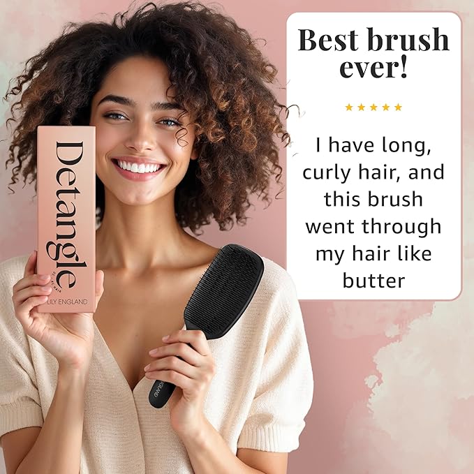 Lily England Curly Hair Brush - Pain-Free Detangling & Styling Brush With Flexible Bristles for Wet & Dry Hair - Easy to Hold for 3c to 4c Hair, Black