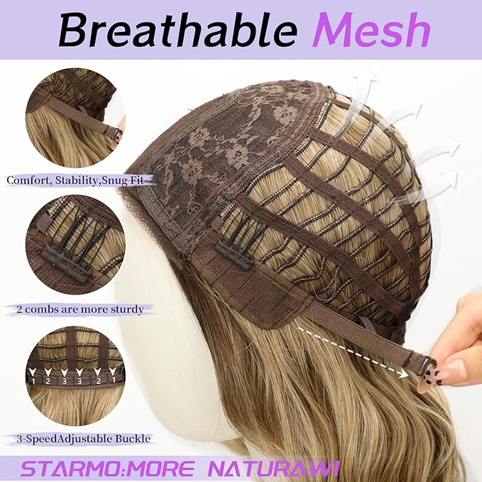 AISI HAIR Brown To Blonde Wavy Wig for Women,14 Inch Shoulder Length Middle Part Wavy Bob Lace Hairline Wigs Synthetic Heat Resistant Fiber Wig for Daily Party Use