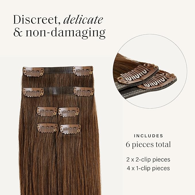 Luxy 100% Remy Human Hair Extensions for Thin Hair Thinning Hair Fill-Ins – 6 Seamless Wefts Multi-Dimensional Color Blend - Natural-Looking Volume & Coverage 80 grams 16" Chestnut Brown Thinning