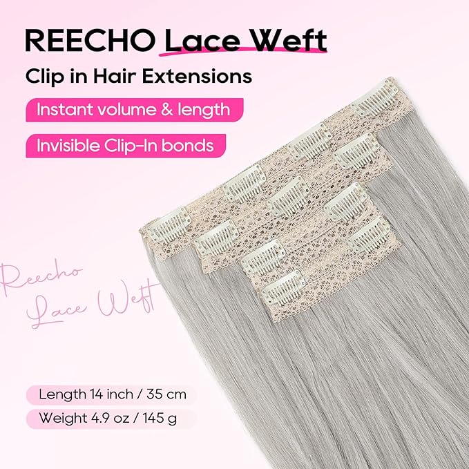 REECHO Clip-in Hair Extensions, 4PCS Lace Weft, 14" Short Wavy, Invisible, Natural Soft Hairpieces, Silver Grey