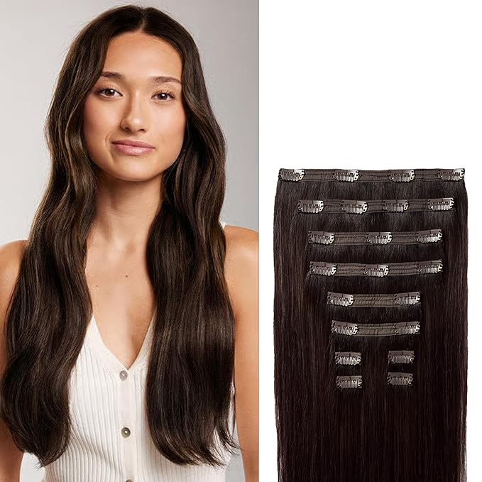 Luxy 100% Remy Human Hair, Classic 160g Clip-In Hair Extensions - 10 Wefts Multi-Dimensional Color for Natural Blending, Adds Volume & Length, Easy Apply & Remove 20" Dimensional Rooted Espresso Brown