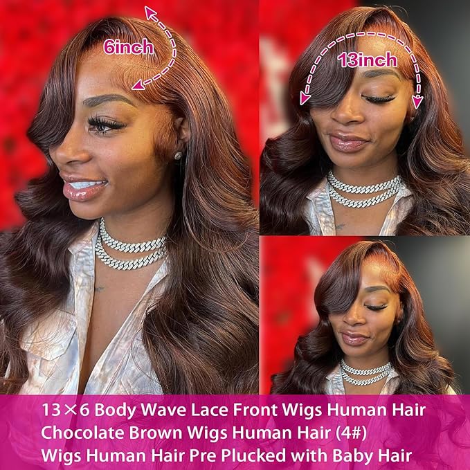 Chocolate Brown 13×6 Body Wave Lace Front Wigs Human Hair 16Inch 180% Density HD Lace Frontal Wigs Human Hair Pre Plucked Colored Wigs for Women