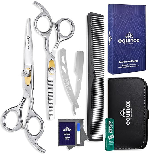 Equinox Professional Hair Scissors Set - Premium Barber Kit, Includes Hair Cutting Scissors, Thinning Shears, Straight Razor, Basic Comb, Cleaning Cloth, Oil & Sandpaper - Hair Salon & Barber Supplies