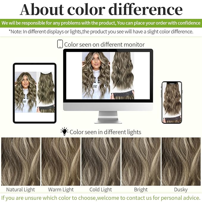 KooKaStyle Invisible Wire Hair Extensions with Transparent Headband Adjustable Size 4 Secure Clips Long Wavy Secret Wire Hairpiece 20 Inch 18H24#Medium Brown Ash Blonde for Women